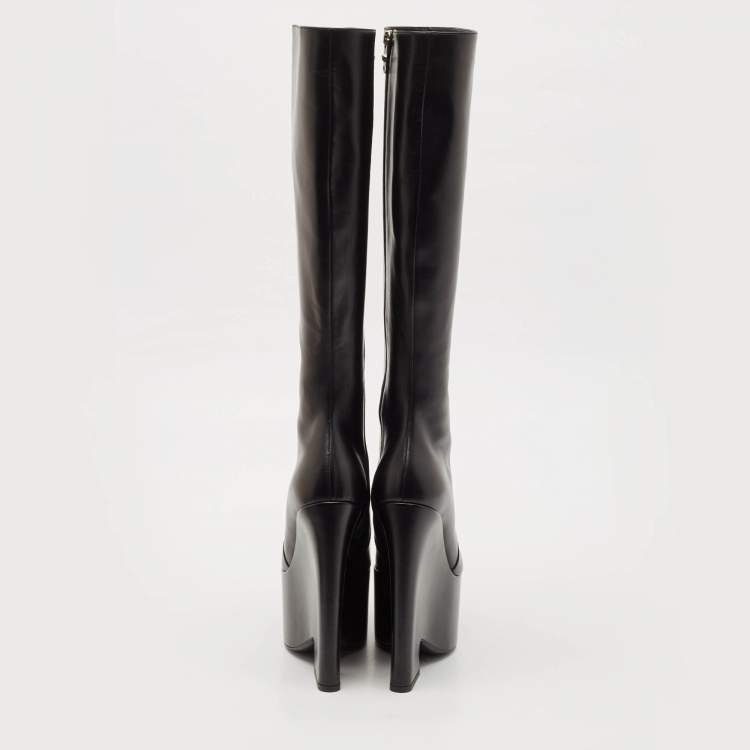 Pre Owned Versace Black Leather Platform Knee Length Boots Size 39