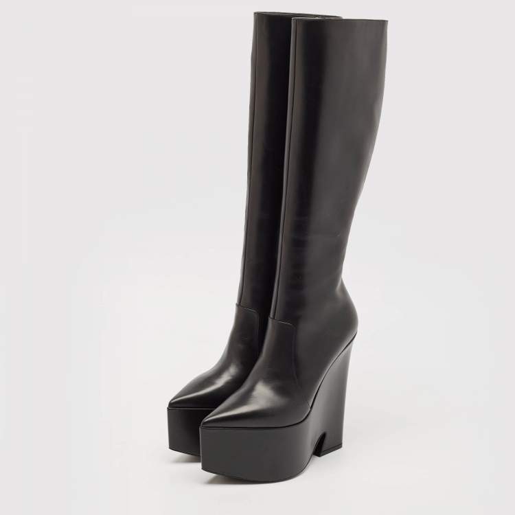 Pre Owned Versace Black Leather Platform Knee Length Boots Size 39