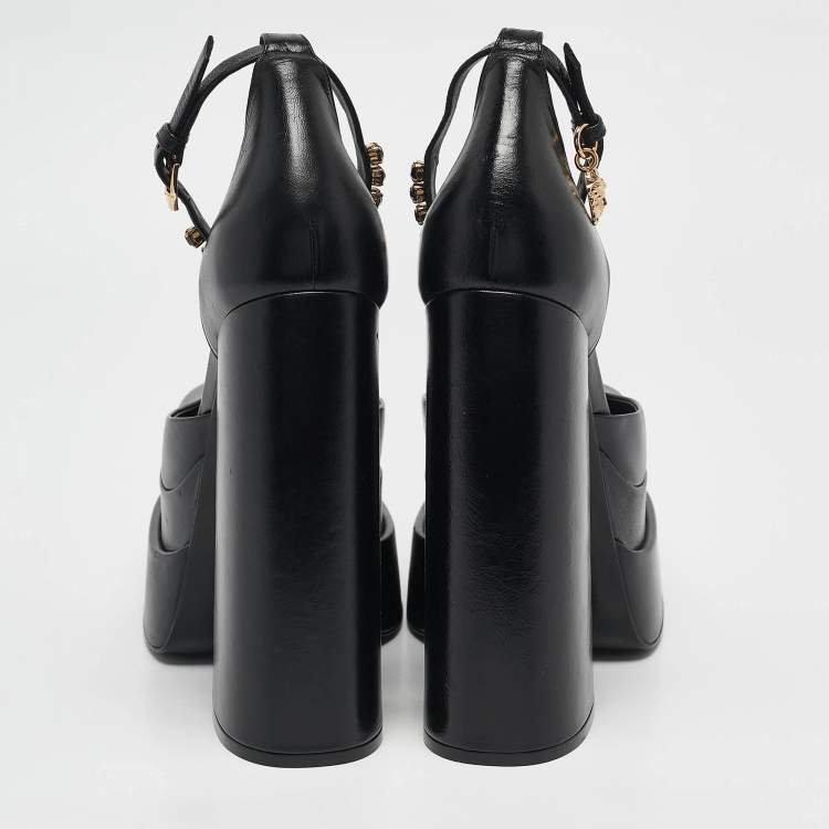 Pre Owned Versace Black Leather Medusa Aevitas Double Platform Pumps Size 39