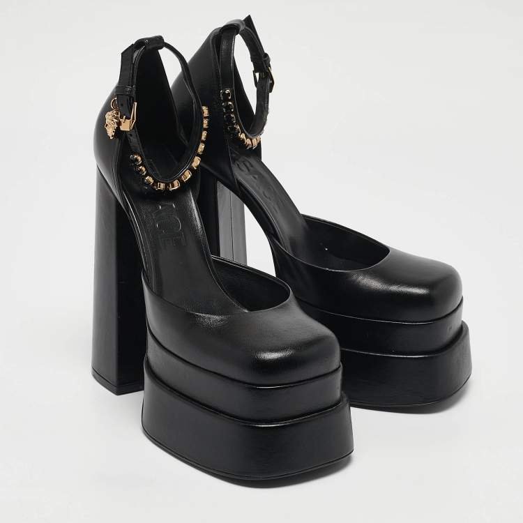 Pre Owned Versace Black Leather Medusa Aevitas Double Platform Pumps Size 39