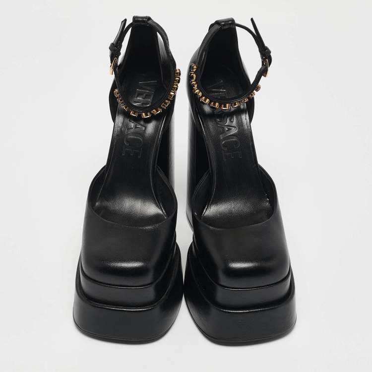 Pre Owned Versace Black Leather Medusa Aevitas Double Platform Pumps Size 39