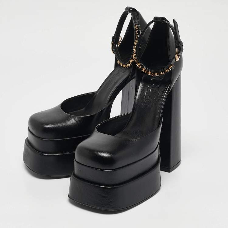 Pre Owned Versace Black Leather Medusa Aevitas Double Platform Pumps Size 39