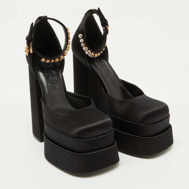 Pre Owned Versace Black Satin Medusa Aevitas Double Platform Pumps Size 38