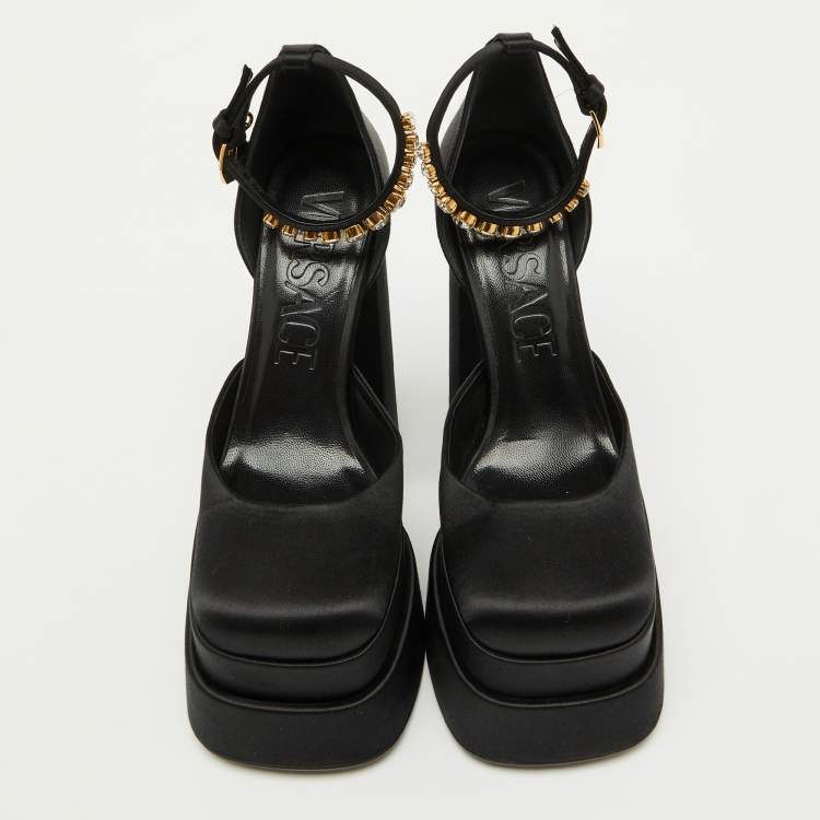 Pre Owned Versace Black Satin Medusa Aevitas Double Platform Pumps Size 38