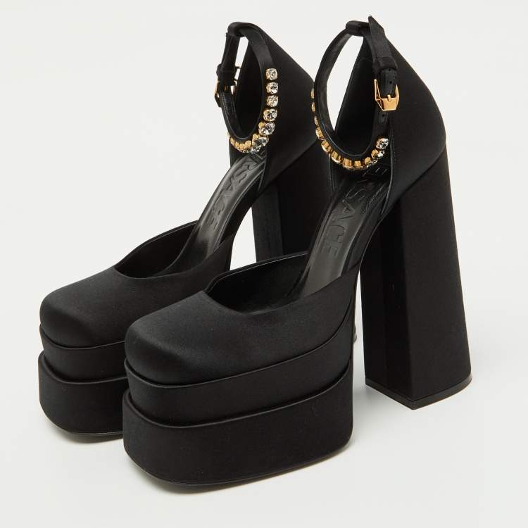 Pre Owned Versace Black Satin Medusa Aevitas Double Platform Pumps Size 38
