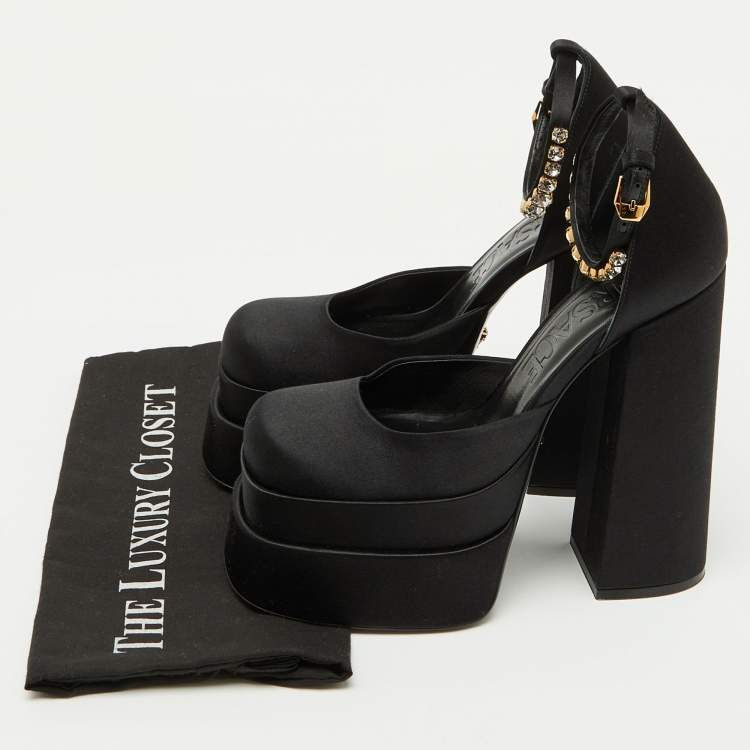 Pre Owned Versace Black Satin Medusa Aevitas Double Platform Pumps Size 38