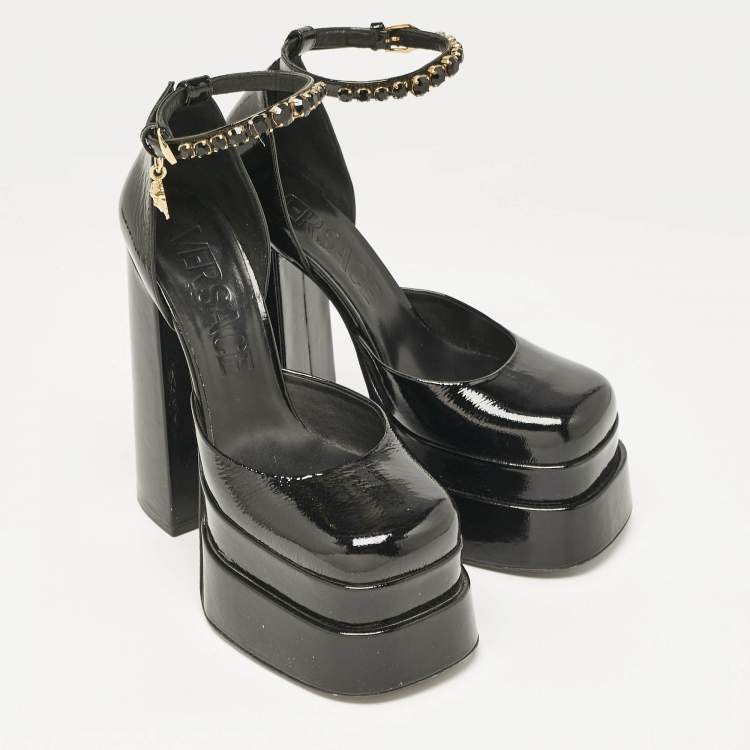 Pre Owned Versace Black Leather Medusa Aevitas Double Platform Pumps Size 40