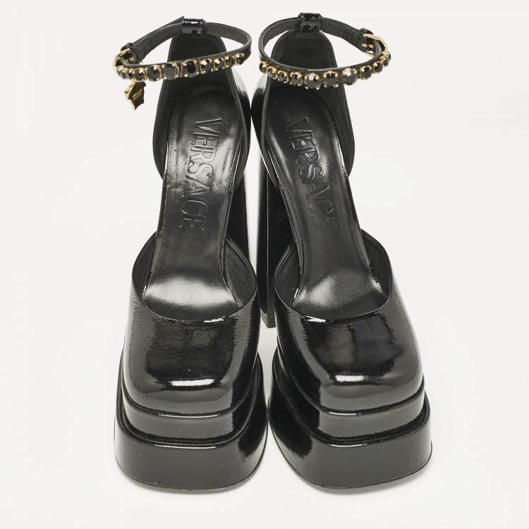 Pre Owned Versace Black Leather Medusa Aevitas Double Platform Pumps Size 40