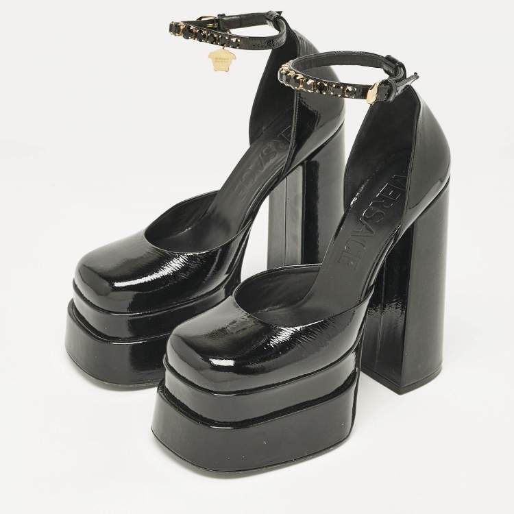 Pre Owned Versace Black Leather Medusa Aevitas Double Platform Pumps Size 40