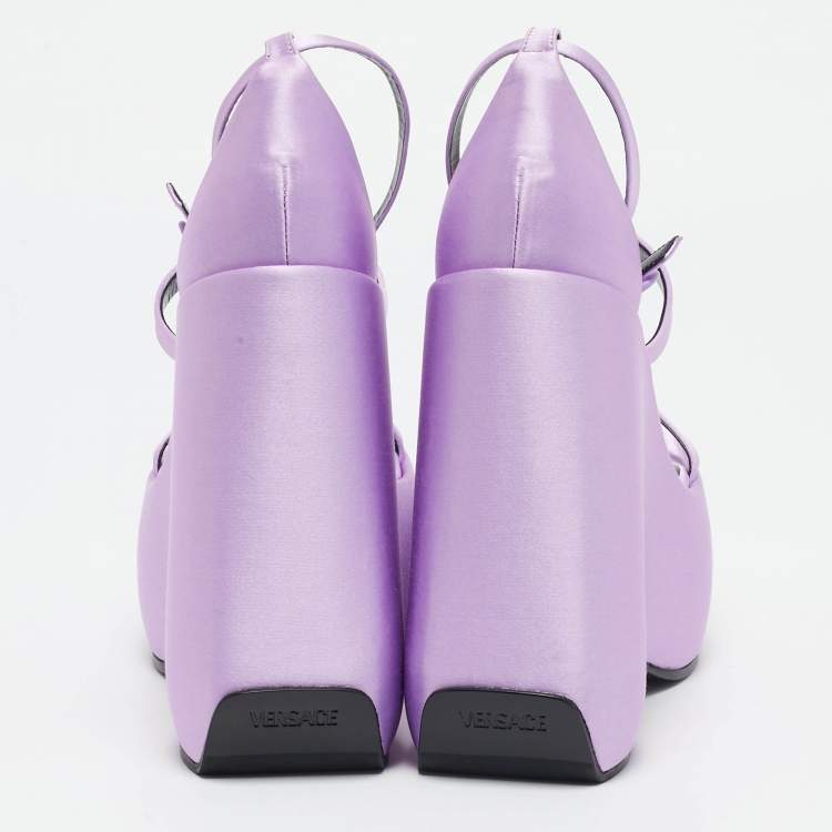 Pre Owned Versace Purple Satin Platform Wedge Ankle Strap Sandals Size 37