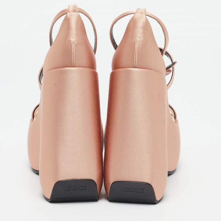 Pre Owned Versace Gold Satin Platform Wedge Sandals Size 37