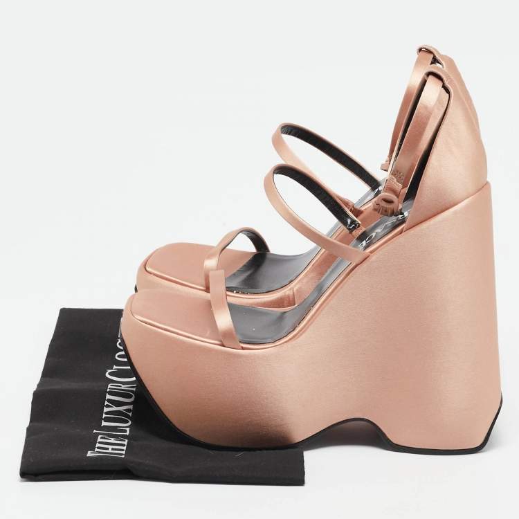 Pre Owned Versace Gold Satin Platform Wedge Sandals Size 37
