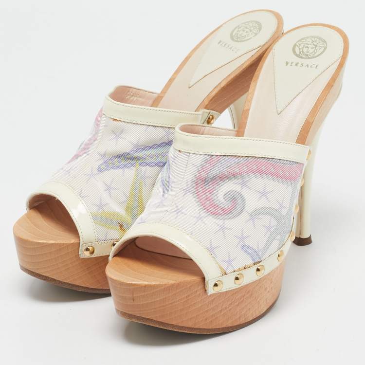 Pre Owned Versace Multicolor Canvas and Patent Leather Clogs Size 38.5