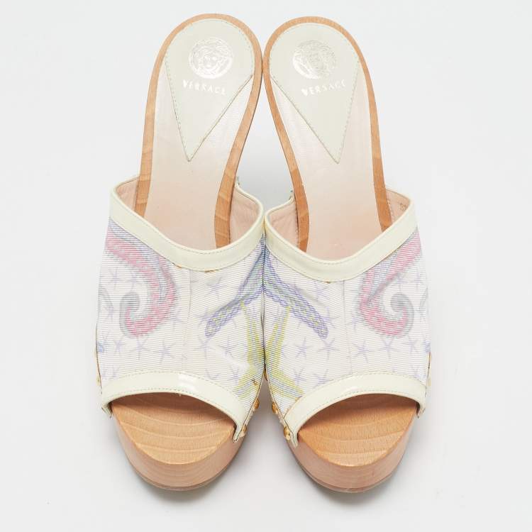 Pre Owned Versace Multicolor Canvas and Patent Leather Clogs Size 38.5