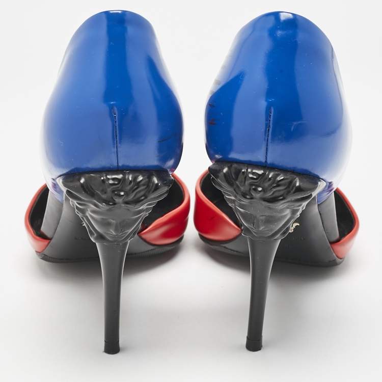 Pre Owned Versace Blue/Red Leather Medusa Heel Pumps Size 39