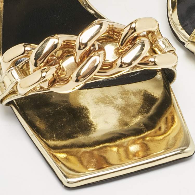 Pre Owned Versace Gold Patent Leather Medusa Chain Ankle Strap Sandals Size 35