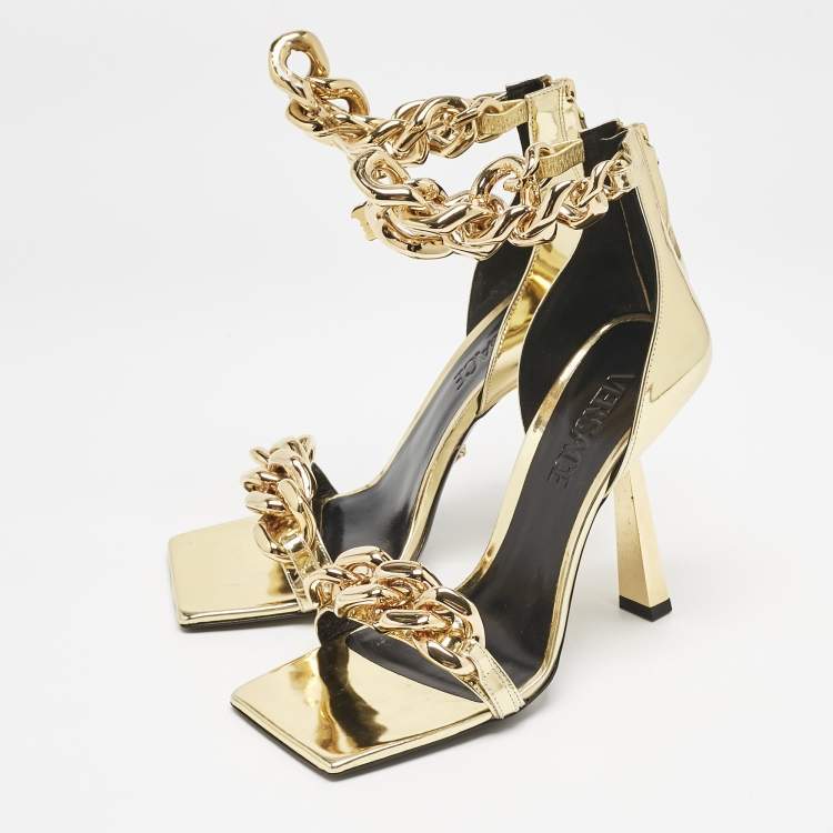 Pre Owned Versace Gold Patent Leather Medusa Chain Ankle Strap Sandals Size 35