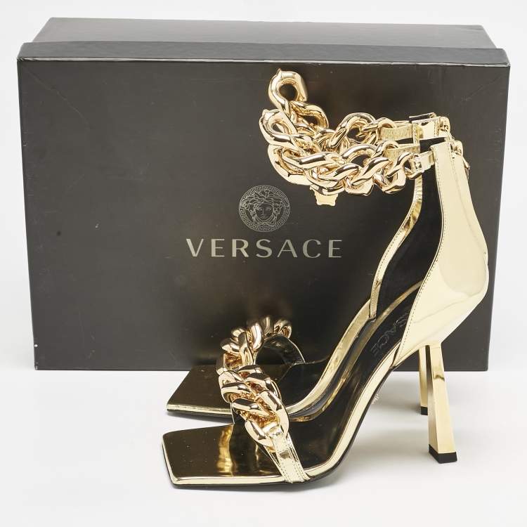 Pre Owned Versace Gold Patent Leather Medusa Chain Ankle Strap Sandals Size 35