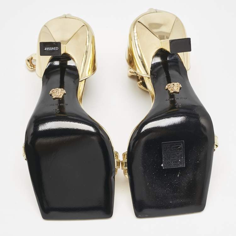 Pre Owned Versace Gold Patent Leather Medusa Chain Ankle Strap Sandals Size 35