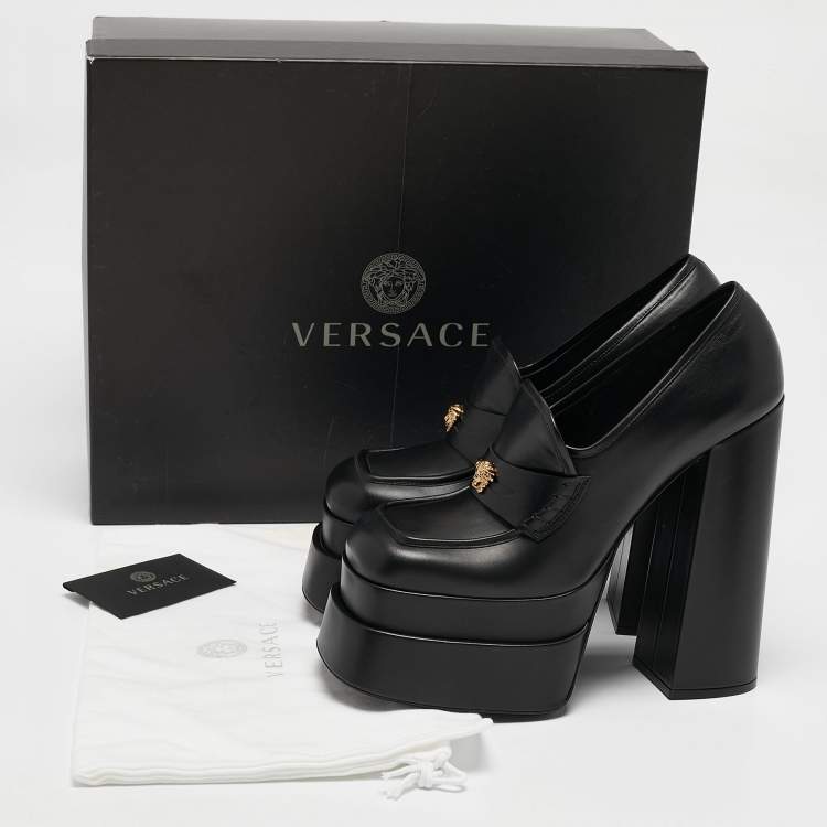 Pre Owned Versace Black Leather Medusa Aevitas Double Platform Pumps Size 41