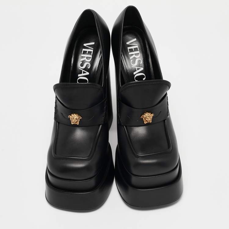 Pre Owned Versace Black Leather Medusa Aevitas Double Platform Pumps Size 41
