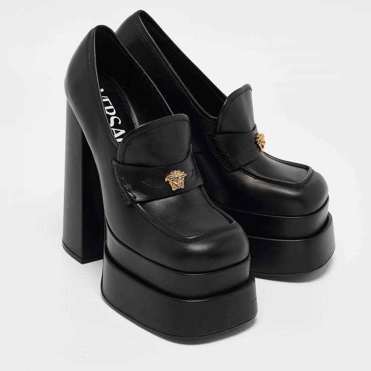 Pre Owned Versace Black Leather Medusa Aevitas Double Platform Pumps Size 41