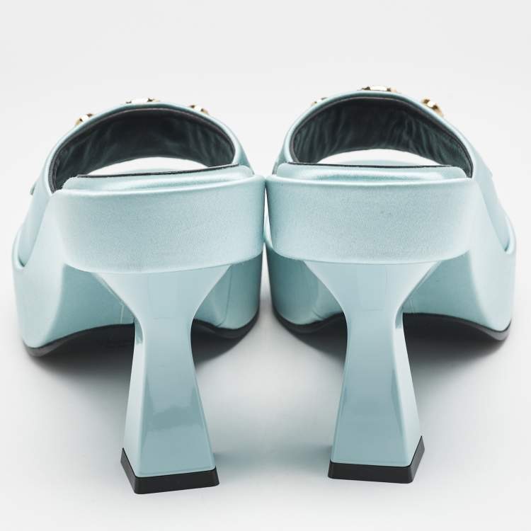Pre Owned Versace Mint Green Satin Medusa Biggie Mules Size 40