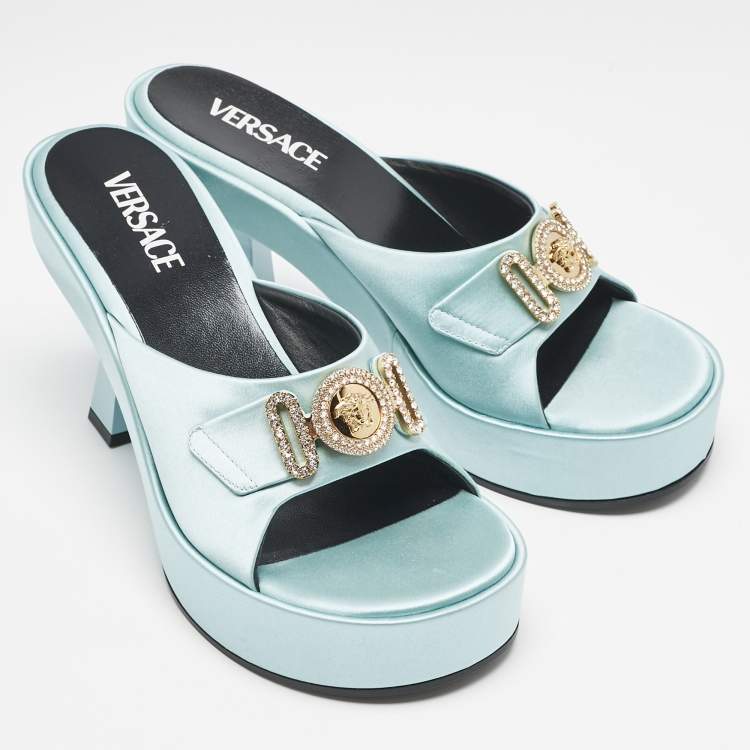 Pre Owned Versace Mint Green Satin Medusa Biggie Mules Size 40