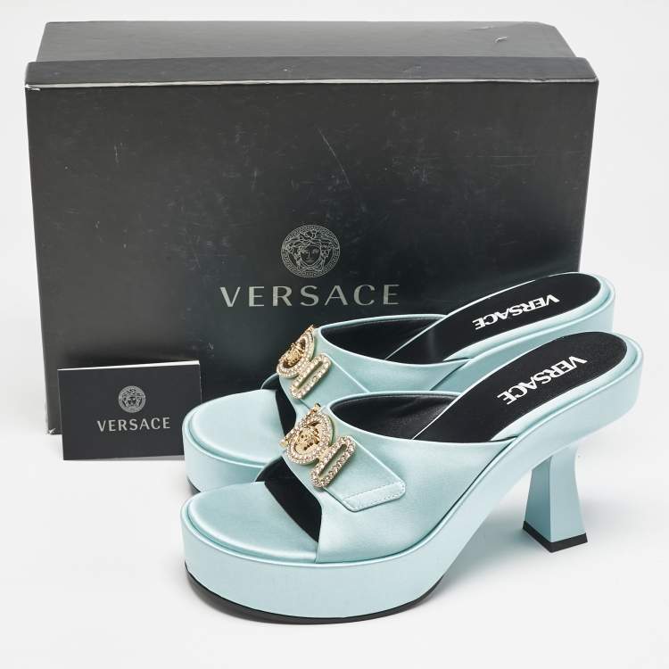 Pre Owned Versace Mint Green Satin Medusa Biggie Mules Size 40