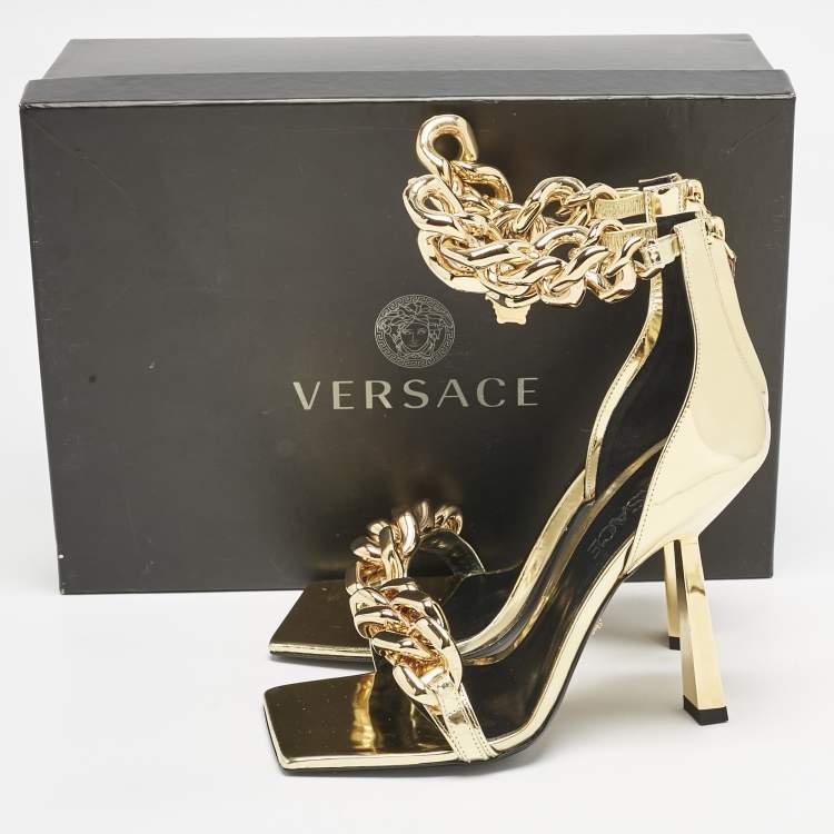 Pre Owned Versace Gold Leather Medusa Chain Ankle Strap Sandals Size 37