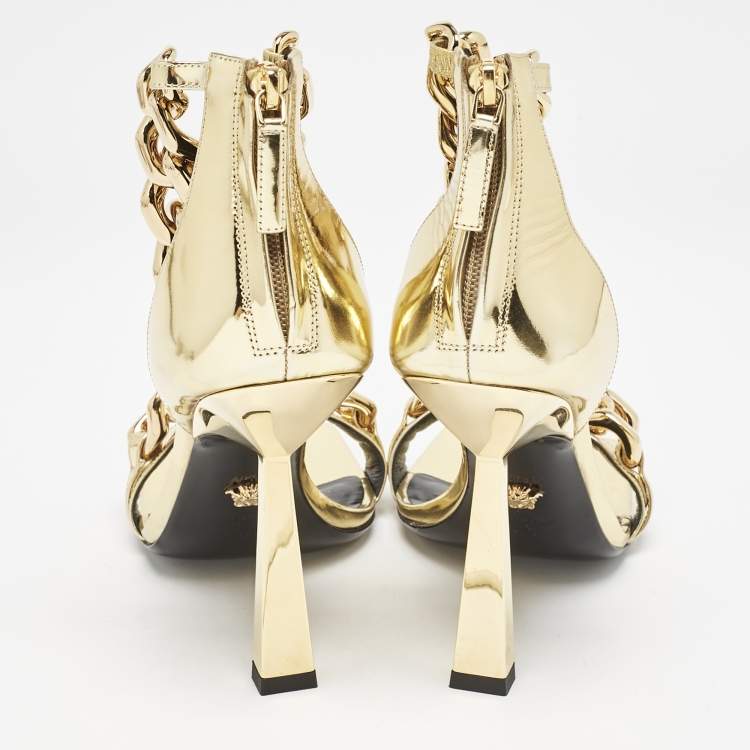 Pre Owned Versace Gold Leather Medusa Chain Ankle Strap Sandals Size 37