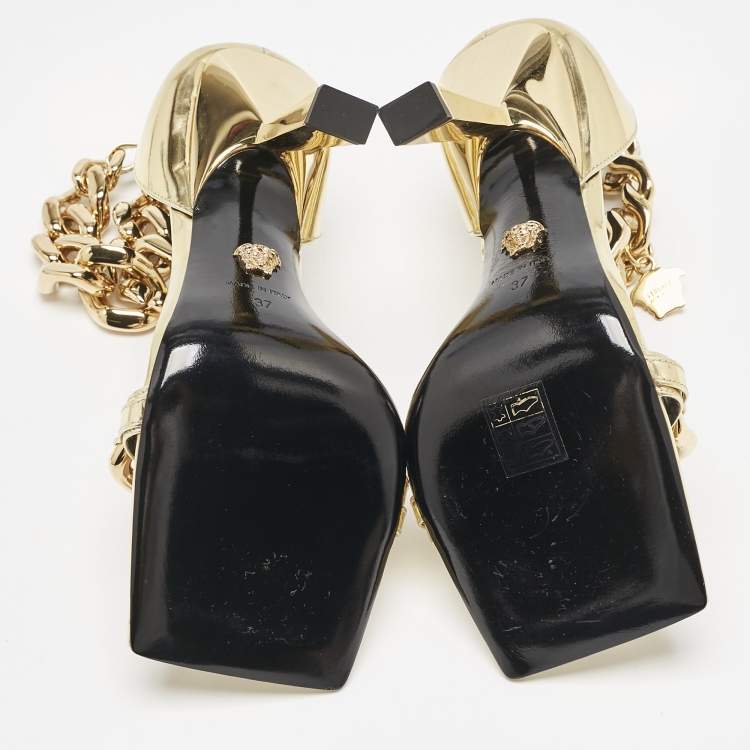 Pre Owned Versace Gold Leather Medusa Chain Ankle Strap Sandals Size 37