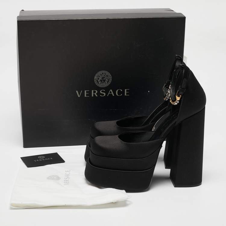 Pre Owned Versace Black Satin Medusa Aevitas Double Platform Pumps Size 40
