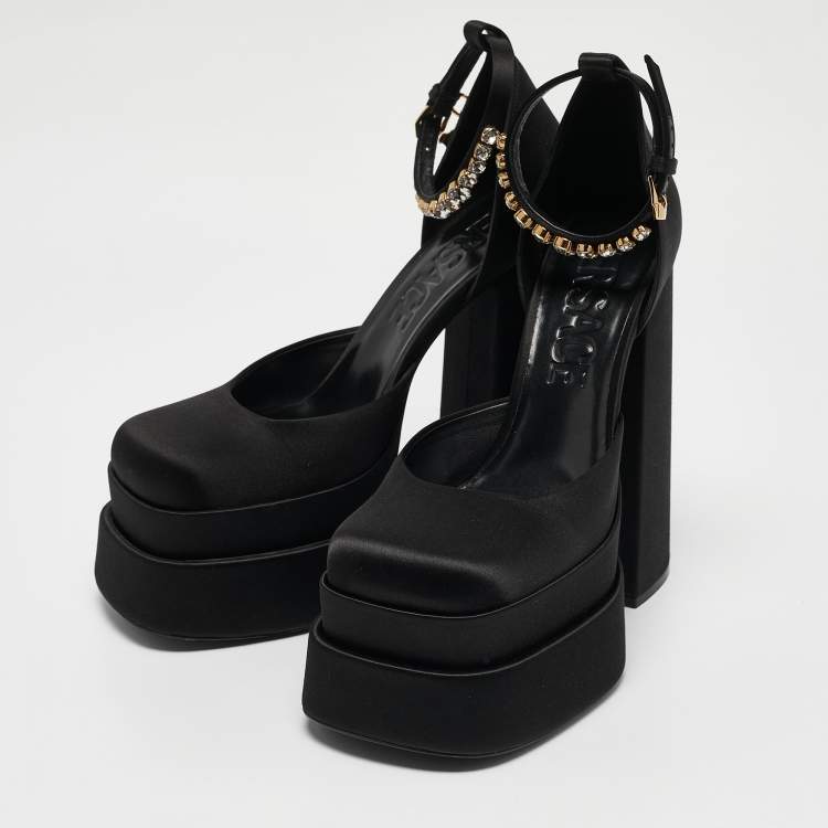 Pre Owned Versace Black Satin Medusa Aevitas Double Platform Pumps Size 40