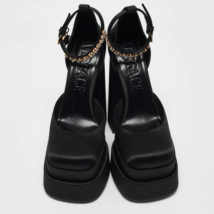 Pre Owned Versace Black Satin Medusa Aevitas Double Platform Pumps Size 40