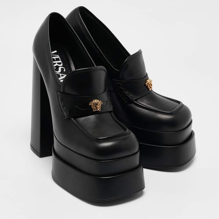Pre Owned Versace Black Leather Juno Platform Pumps Size 41