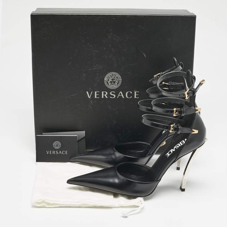 Pre Owned Versace Black Leather Decollete Triple Ankle Strap Pumps Size 37