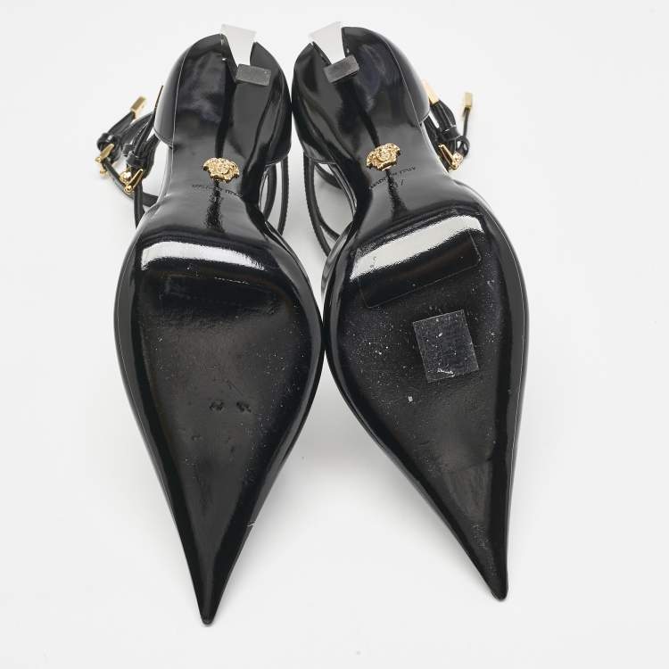 Pre Owned Versace Black Leather Decollete Triple Ankle Strap Pumps Size 37