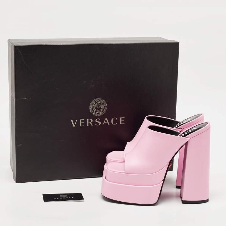 Pre Owned Versace Pink Leather Aevitas Double Platform Mules Size 38