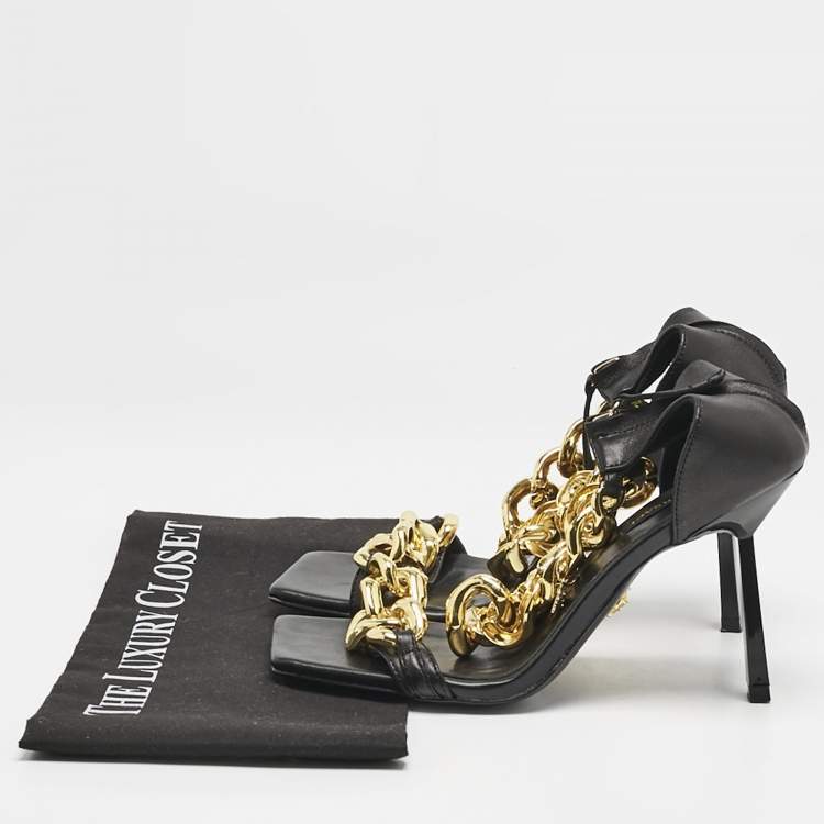 Pre Owned Versace Black Leather Medusa Chain Ankle Strap Sandals Size 38