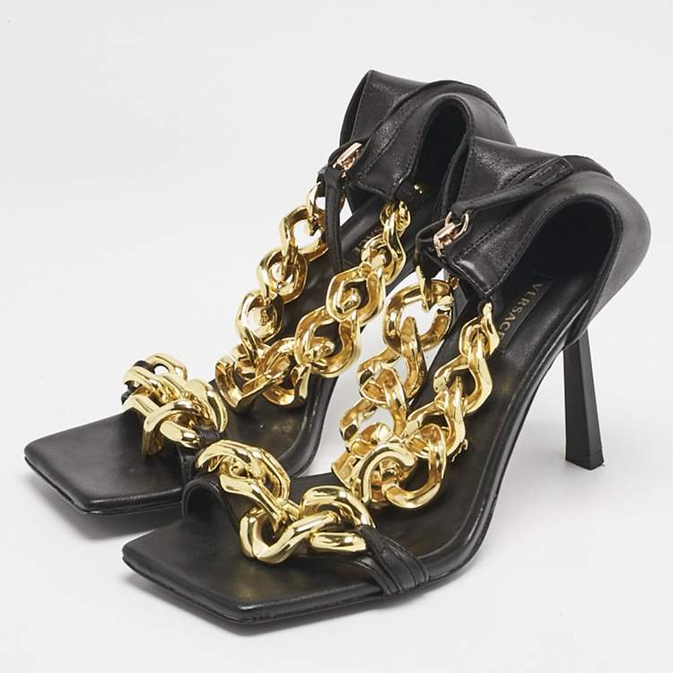 Pre Owned Versace Black Leather Medusa Chain Ankle Strap Sandals Size 38