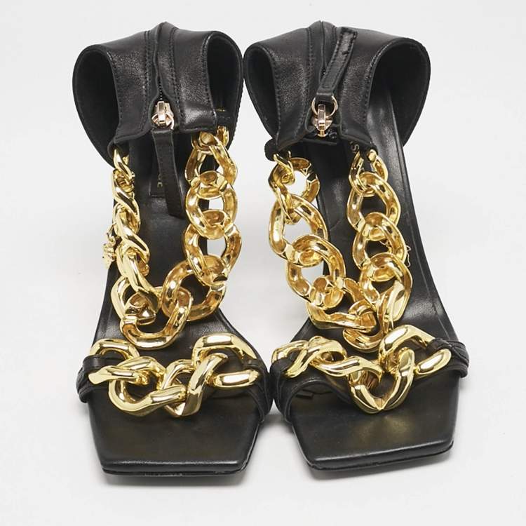 Pre Owned Versace Black Leather Medusa Chain Ankle Strap Sandals Size 38
