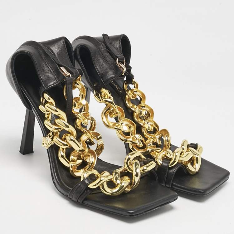 Pre Owned Versace Black Leather Medusa Chain Ankle Strap Sandals Size 38