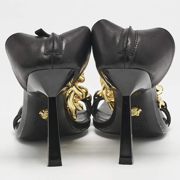 Pre Owned Versace Black Leather Medusa Chain Ankle Strap Sandals Size 38