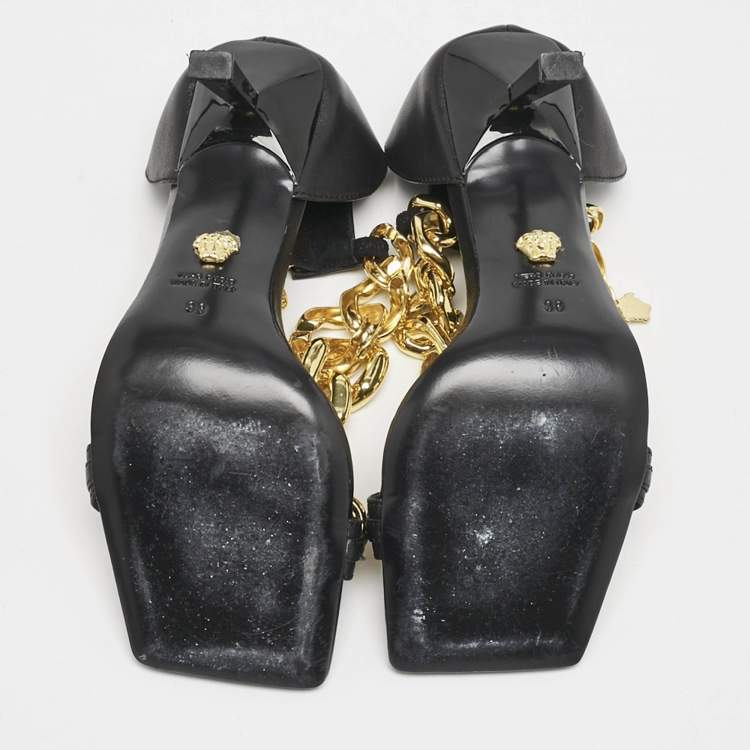 Pre Owned Versace Black Leather Medusa Chain Ankle Strap Sandals Size 38