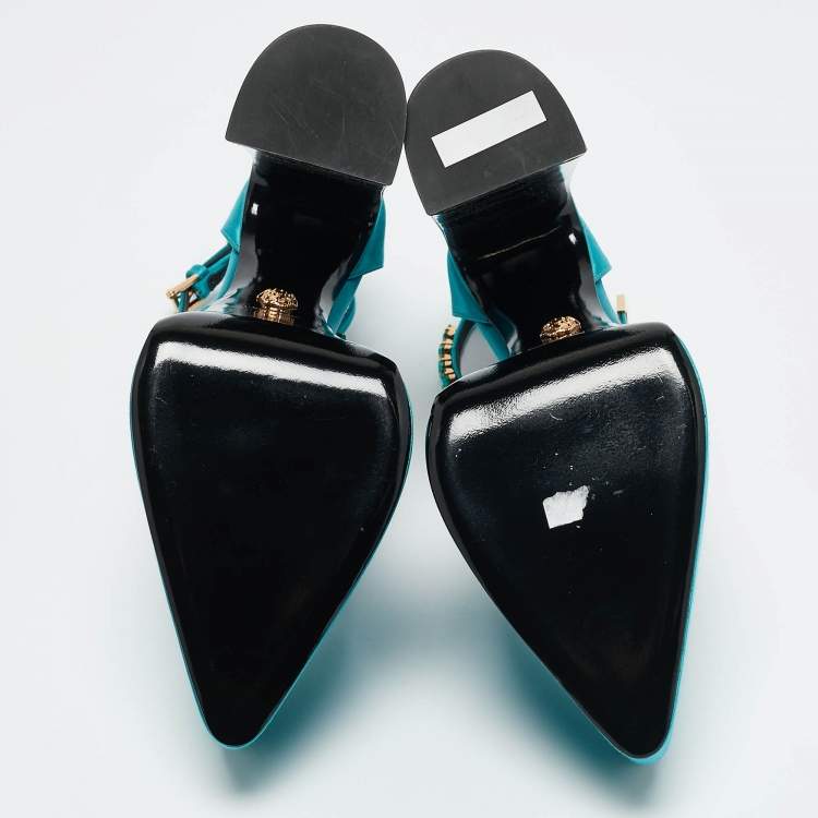 Pre Owned Versace Teal Blue Satin Aevitas Crystal Embellished Ankle Strap Platform Block Heel Pumps Size 39