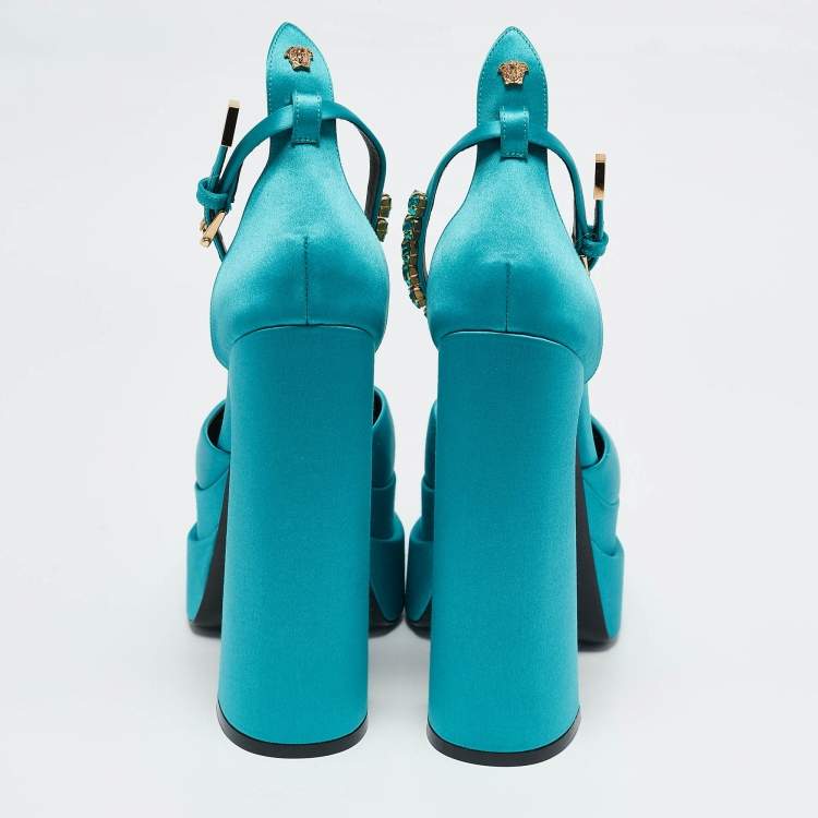 Pre Owned Versace Teal Blue Satin Aevitas Crystal Embellished Ankle Strap Platform Block Heel Pumps Size 39