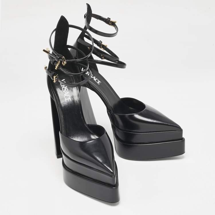 Pre Owned Versace Black Leather Aevitas Double Platform Pumps Size 41