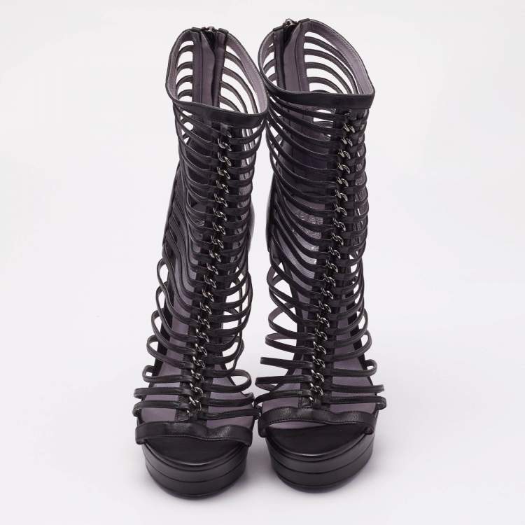 Pre Owned Versace Black Leather Platform Cage Sandals Size 40