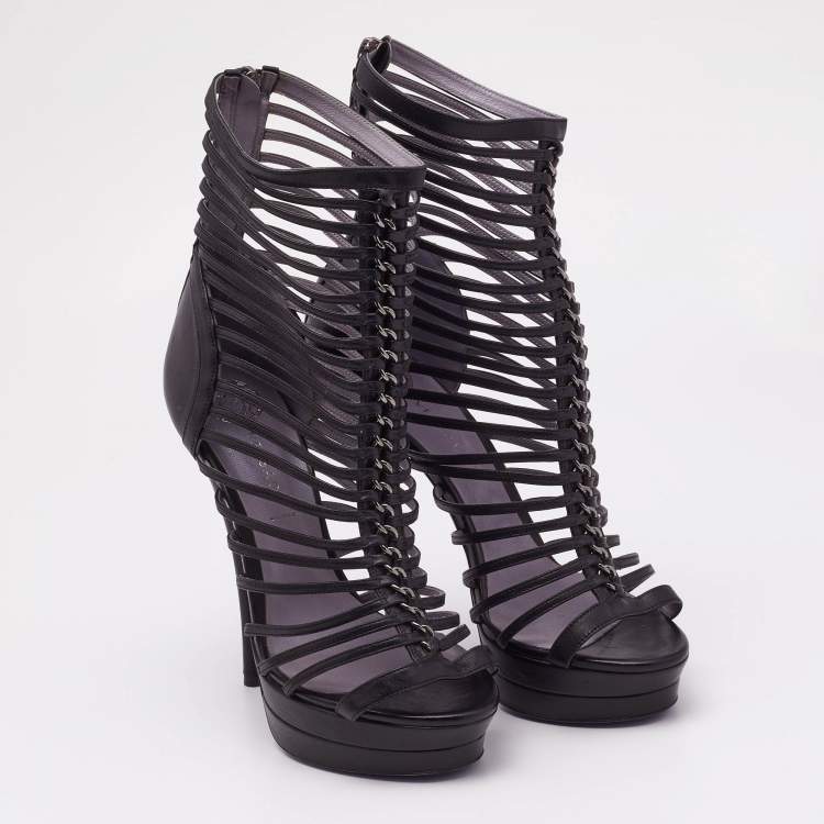 Pre Owned Versace Black Leather Platform Cage Sandals Size 40